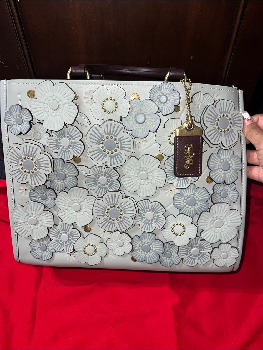 Coach Rogue 30 Bag with dove gray tea rose appliqué C8520